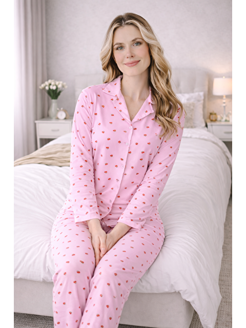 Formo Kadın Kiraz Desenli Kaliteli Milan Kumaş Gömlek Yaka Düğmeli Yumuşak Tuşe Pijama Takımı - S000501495-20024