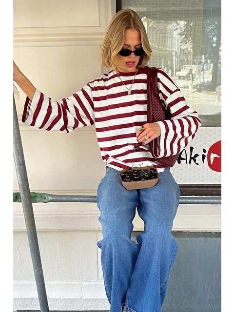 Madmext Ekru Çizgili Uzun Kollu Kadın T-Shirt Mg2571 - S000460302-19965