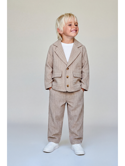 Magu Erkek Çocuk Pamuklu Bej Çizgili Ceket Pantolon Takım - Kısa Kollu T-Shirtlü 3'Lü - S000505322-19413