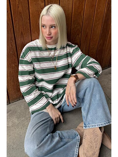 Madmext Haki Bisiklet Yaka %100 Pamuklu Çizgili Uzun Kollu Tişört Mg2362 - S000369819-18547