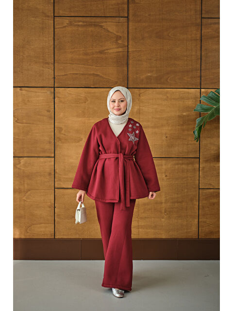 Locco Moda Kadın Omzu Yıldız Detaylı Bel Bağlamalı Takım Bordo - S000492440-19951
