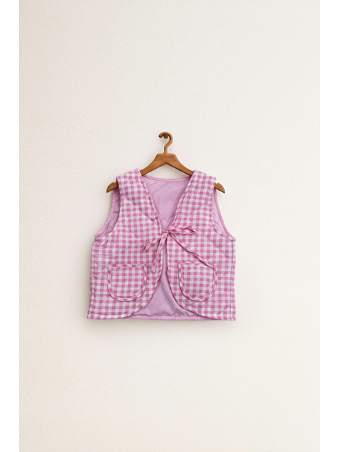 Magu Kız Çocuk Pamuklu Pembe Ekose Kalp Yüz Desenli Kapitone Yelek – Yumuşak Ve Rahat - S000503949-20024