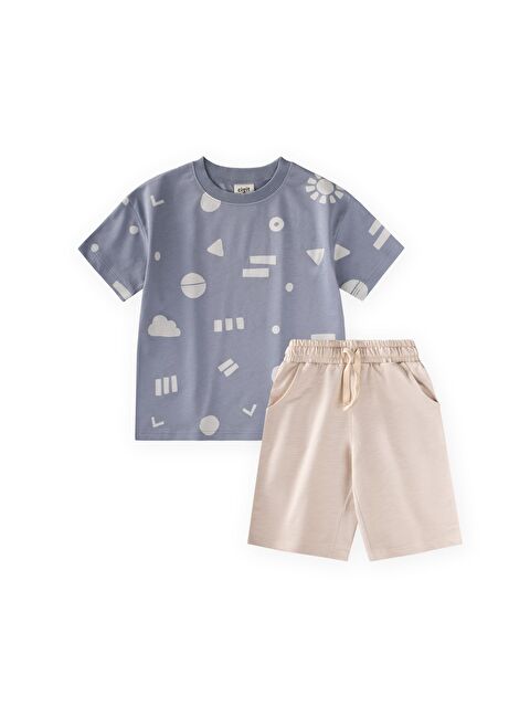 CİGİT Desenli Kaprili T-Shirt Takım 2-12 Yaş Mavi