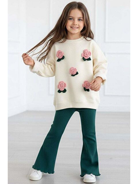 Riccotarz Kız Çocuk Üzeri Gül Figürlü 3 İplik Krem Kazak Bol Kesim Skuba Kumaş Alt Üst Takım - S000460303-19966
