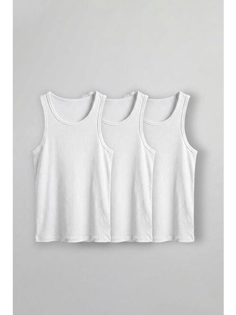 Abluka Online Erkek %100 Pamuklu Basic Fitilli Sporcu Atlet 3'Lu Set Beyaz - S000506312-20063