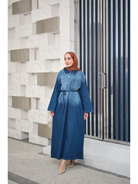 Locco Moda Kadın Tonsürton Detaylı Bel Bağlamalı Jean Elbise Mavi