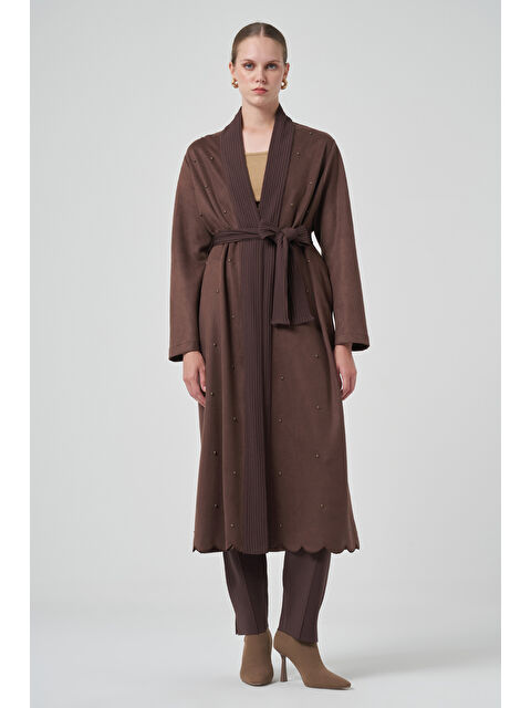 Nuss Boncuk İşlemeli Triko Kemer Detay Süet Kap Ceket 6001 Kahverengi - S000467641-19413