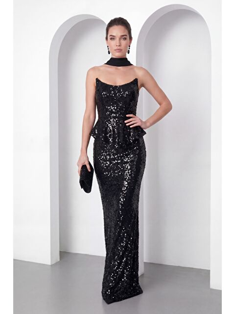 Lafaba Kadın Siyah Şal Yaka Pul Payet Uzun Balık Abiye Elbise