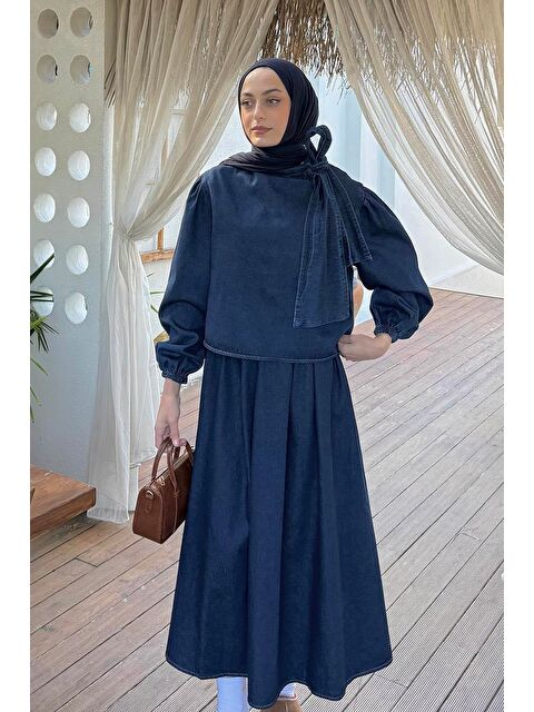 Lamelif Fiyonk Detaylı Denim Takım Koyu Mavi - S000515367-19393