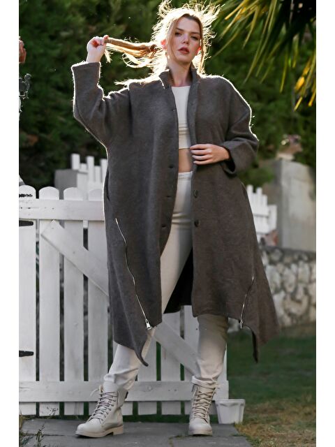 Chiccy İtalyan Antrasit Hakim Yaka Uzun Kol Fermuarlı Gizli Cepli Kaşe Oversize Dokuma Kaban 105 70 - S000469134-29666