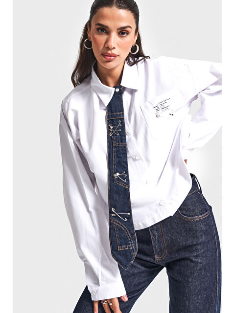 It's Basic Kadın Beyaz Renk Bol Kesim Kravat Detaylı Özel Tasarım Gömlek - S000459585-20063