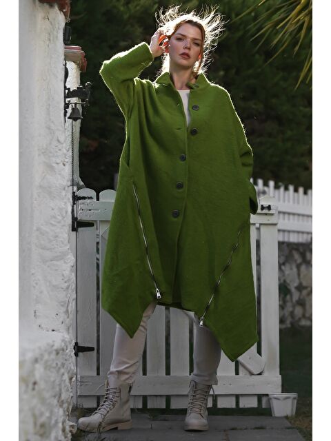 Chiccy İtalyan Fıstık Yeşili Hakim Yaka Uzun Kol Fermuarlı Gizli Cepli Kaşe Oversize Dokuma Kaban 105 70 - S000469134-19972