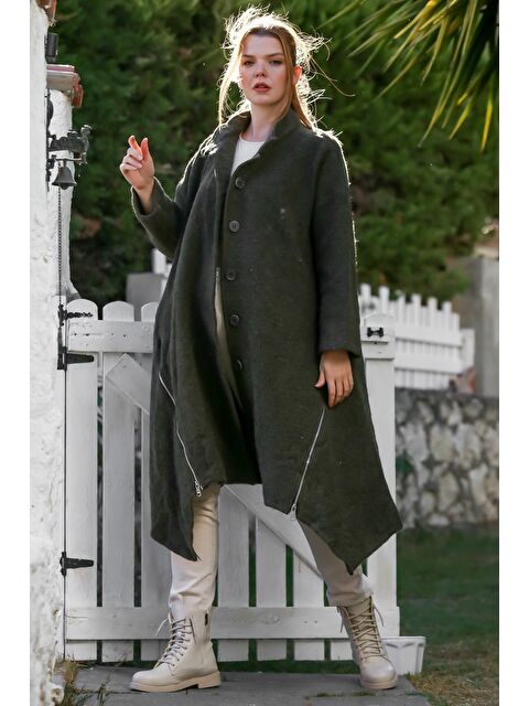 Chiccy İtalyan Haki Hakim Yaka Uzun Kol Fermuarlı Gizli Cepli Kaşe Oversize Dokuma Kaban 105 70 - S000469134-18547