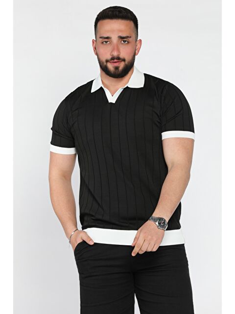 Mishar İtalia Erkek Polo Yaka Kendinden Çizgi Desenli Renk Garnili Triko Tişört - S000399491-19351