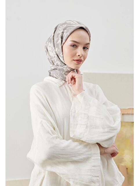 Fresh Scarfs Vıolet Desen Pamuk İpek Eşarp Füme - S000422851-33408