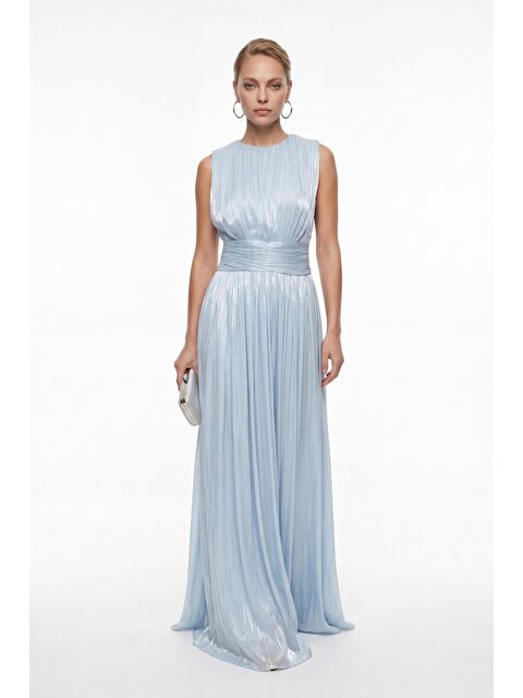 Lafaba Kadın Bebe Mavi Bisiklet Yaka Pileli Uzun Davet Elbisesi