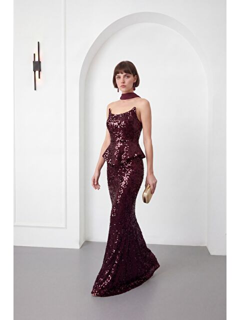 Lafaba Kadın Bordo Şal Yaka Pul Payet Uzun Balık Abiye Elbise