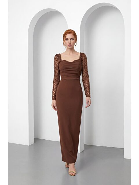 Lafaba Kadın Kahverengi Dar Kalıp Kalp Yaka Kolları Payetli Söz Nişan Nikah Abiye