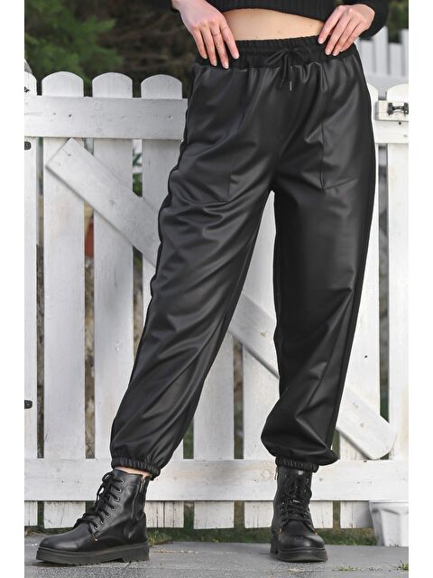 Chiccy Siyah Cepli Lastikli Ve Bağlamalı Bel Lastikli Paça Casual Suni Deri Örme Pantolon 96 60 - S000469148-19351