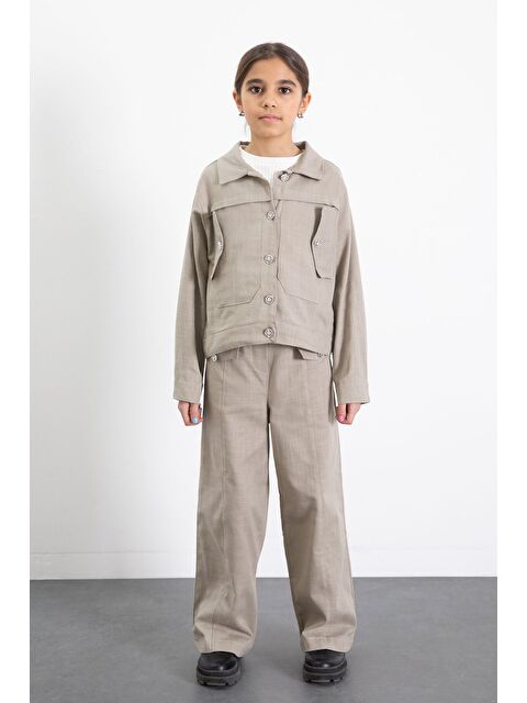 Cansın Mini Bej Düğme Detaylı Keten Gömlekli Pantolonlu Kız Çocuk 2li Takım 23518 - S000499015-19928