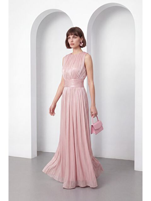 Lafaba Kadın Pudra Bisiklet Yaka Pileli Uzun Davet Elbisesi