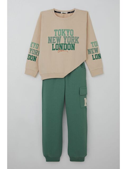 Breeze Erkek Çocuk Eşofman Takımı Şehir Konseptli Pantolonu Yan Cep Detaylı Krem (4-9 Yaş)