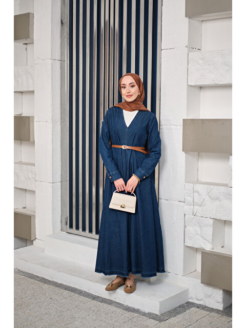 Locco Moda Kadın Yakası V Detaylı Kemerli Elbise Lacivert - S000511144-21164