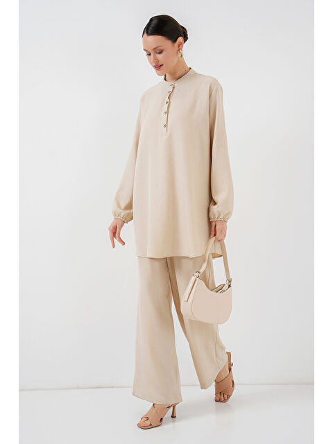 Bigdart 6678 Keten Tunik Pantolon İkili Takım - Krem