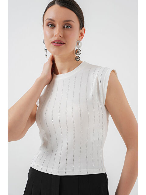 Bigdart Kadın Sıfır Kol Taşlı Bluz 931 - Beyaz - S000364986-20063