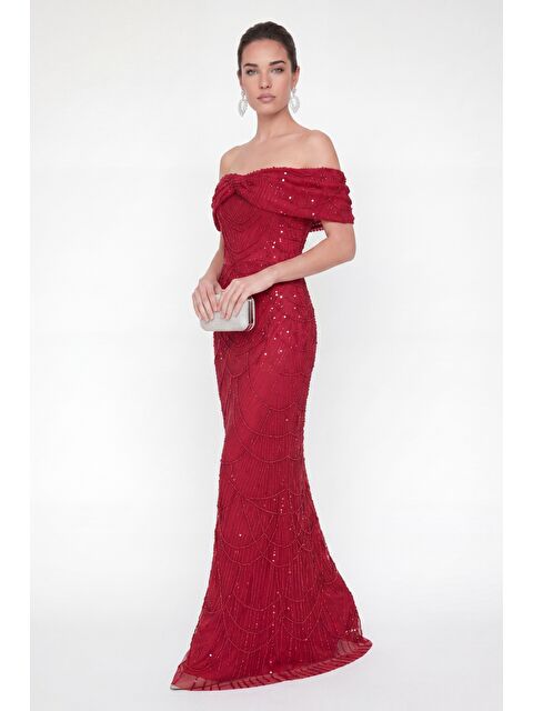 Lafaba Kadın Kırmızı Kayık Yaka Boncuklu Uzun Balık Abiye Elbise