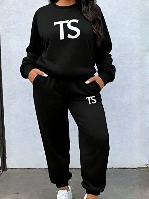 Trendseninle Kadın Siyah TS Baskılı Oversize Eşofman Takımı - S000492868-19351