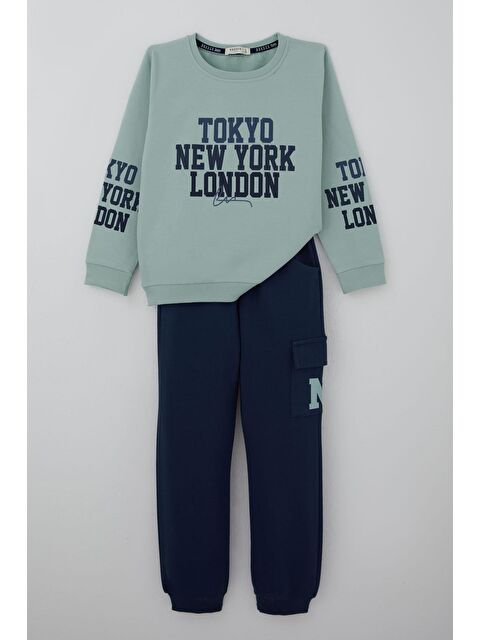 Breeze Erkek Çocuk Eşofman Takımı Şehir Konseptli Pantolonu Yan Cep Detaylı Su Yeşili (4-9 Yaş)