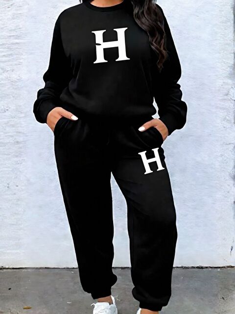 Trendseninle Kadın Siyah H Baskılı Oversize Eşofman Takımı - S000492869-19351