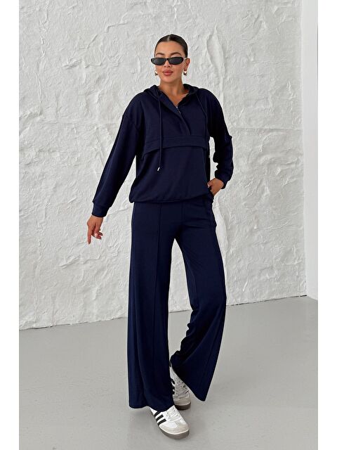 Trendseninle Kadın Lacivert Kapüşonlu Biye Detaylı Yarım Fermuarlı Kanguru Cepli Alt-Üst Takım - S000428071-21164