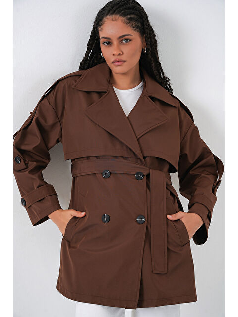 Bigdart Kadın Kuşaklı Kısa Trençkot 5974 - Kahverengi - S000481148-19413