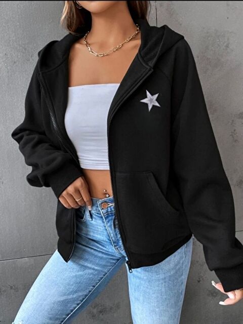 Trendseninle Kadın Siyah Silver Star Baskılı Fermuarlı Oversize Hırka - S000492870-19351