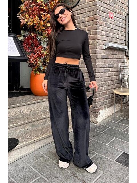 Madmext Koyu Siyah Bol Paça Kadife Pantolon Mg2283 - S000333199-22238