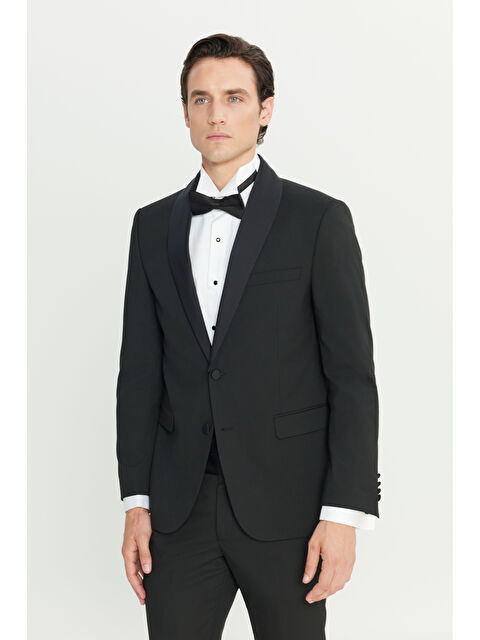 Altınyıldız Classics Erkek Siyah Slim Fit Dar Kesim Çıkma Şal Yaka Kapak Cepli Esnek Damatlık Smokin Takımı - S000422936-19351
