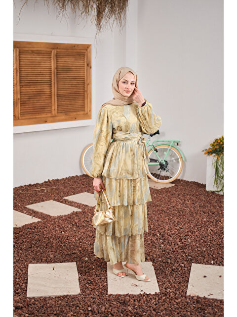 Locco Moda Kadın Kat Kat Detay Kuşaklı Astarlı Şifon Elbise Sarı - S000511147-20072