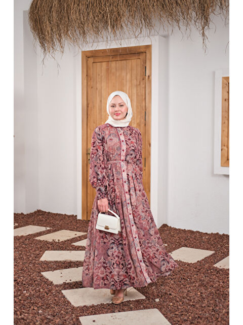 Locco Moda Kadın Etnik Desen Büzgülü Kemer Detay Şifon Elbise Mürdüm - S000511148-20036