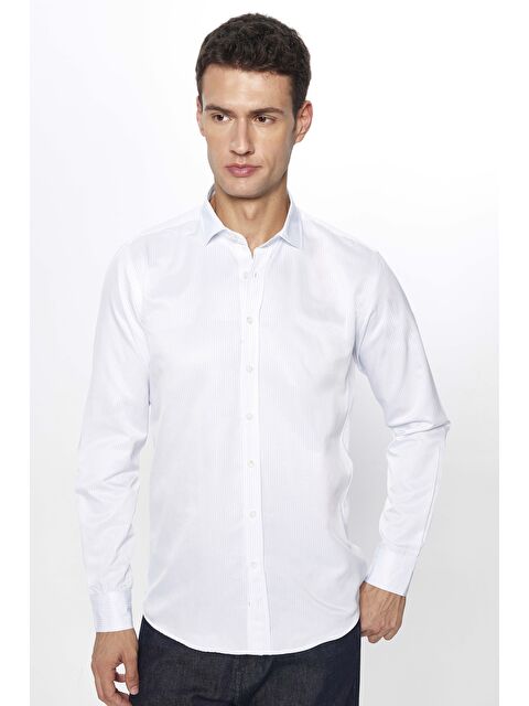 TUDORS Erkek Modern Slim Fit Dar Kesim Uzun Kollu Pamuklu Çizgili 4 Mevsim İtalyan Yaka Gömlek - S000238293-23173