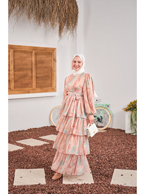 Locco Moda Kadın Kat Kat Detay Kuşaklı Astarlı Şifon Elbise Pudra - S000511147-7152