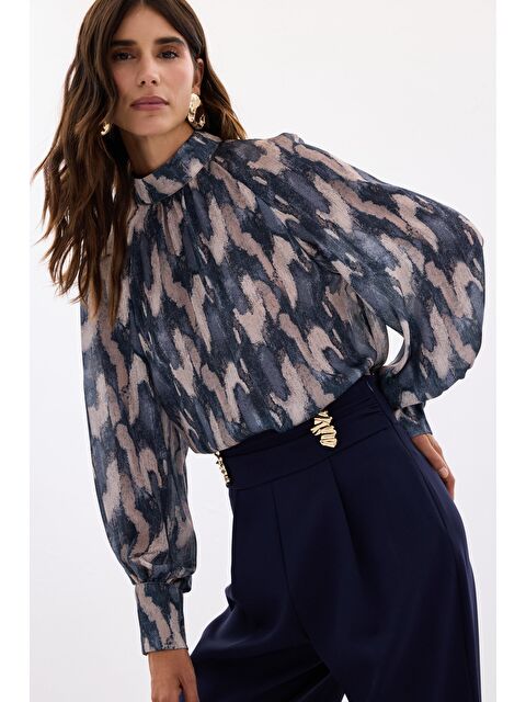 SATEEN Desenli Salaş Bluz - Lacivert - S000464621-21164