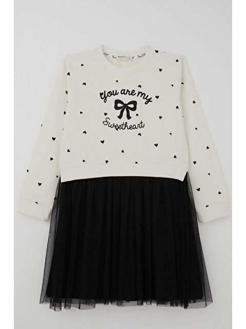 Breeze Kız Çocuk Uzun Kollu Elbise Kalp Desenli Fiyonk & Yazı Baskılı Ekru (6-12 Yaş) - S000502519-19965