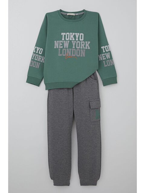 Breeze Erkek Çocuk Eşofman Takımı Şehir Konseptli Pantolonu Yan Cep Detaylı Mint Yeşili (4-9 Yaş)