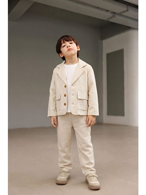 Magu Erkek Çocuk Pamuklu Ekru Çizgili Ceket Pantolon Takım - Kısa Kollu T-Shirtlü 3'Lü - S000505324-19965