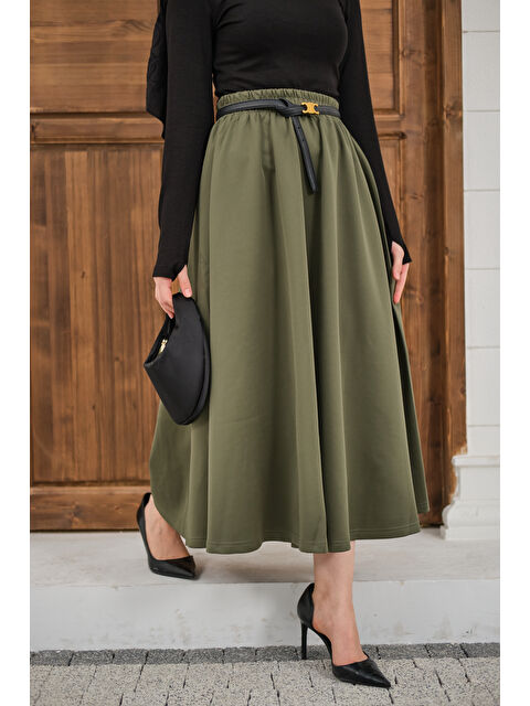 Locco Moda Kadın Beli Lastikli Scuba Etek Haki Yeşil - S000511151-18547