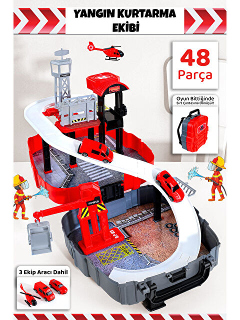 Meleni Toys 48 Parça İtfaiye Oyuncak Seti - Sırt Çantalı Asansörlü Araba Garaj Helikopter Pisti Oyun Seti