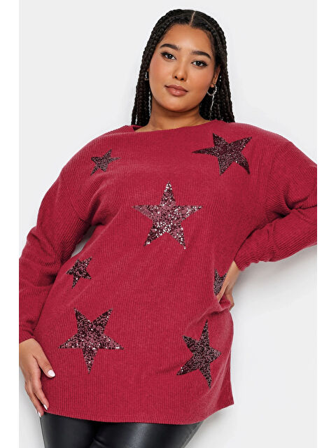 Stil Diva Büyük Beden Bisiklet Yaka Uzun Kollu Yıldız Baskılı Yumuşak Dokulu Kazak 302729 - S000317515-20045