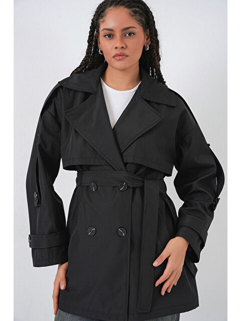 Bigdart Kadın Kuşaklı Kısa Trençkot 5974 - Siyah - S000481148-19351